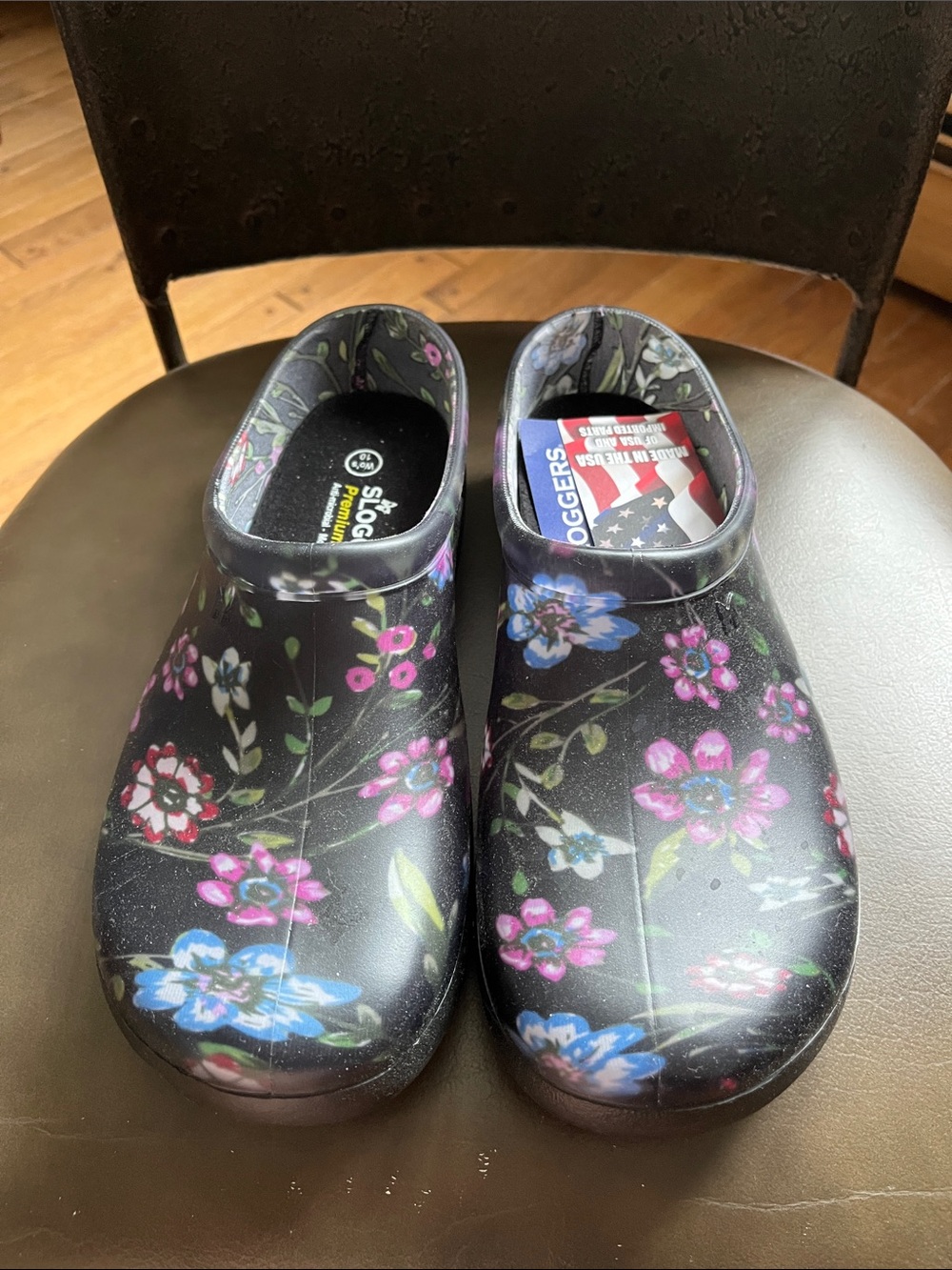 Sloggers Black Floral Slip-On Clogs with Pink & Blue Flowers
